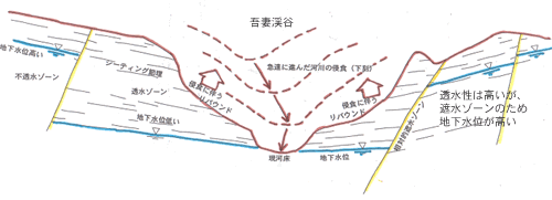 吾妻川の河床低下(浸食)によるダムサイトの低角度割れ目の形成